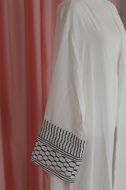 White Palestinian Keffiyah Embroided Abaya