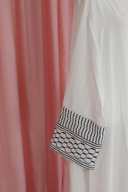 White Palestinian Keffiyah Embroided Abaya