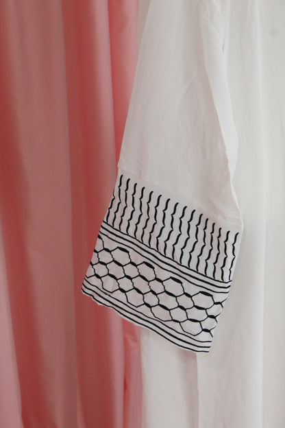 White Palestinian Keffiyah Embroided Abaya