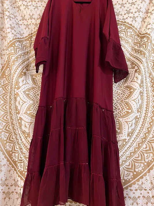 Red Abaya with Chiffon Bottom Detail