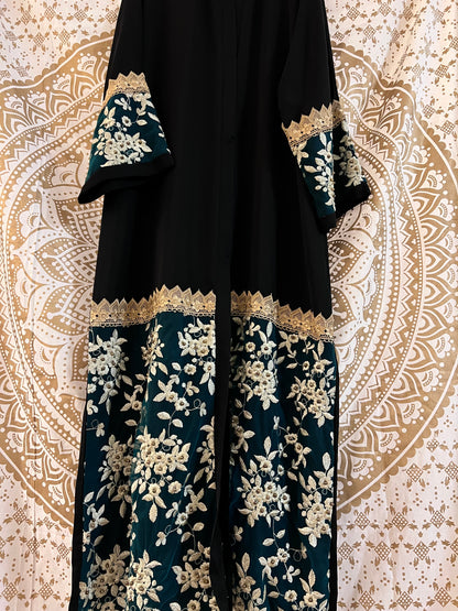 Kimono Black Abaya with Green Accents