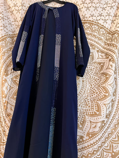 Navy Blue Layered Abaya With Chiffon Overlay